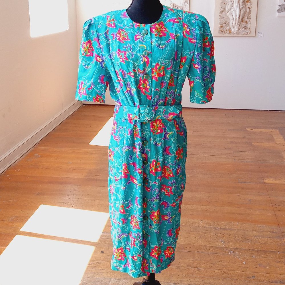 Adrianna Papell Silk Floral Button Front belted dress